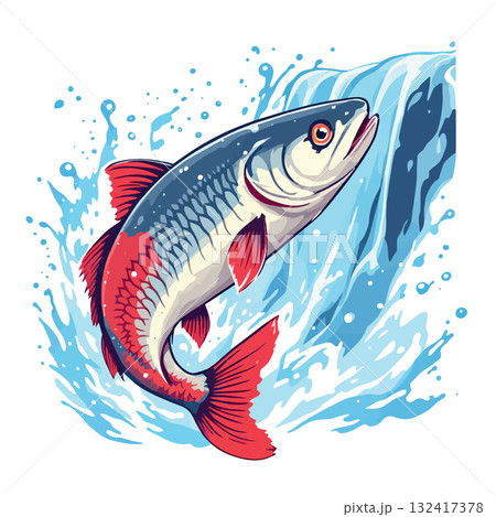 Vsai salmon jumping upstream over waterfall in splashing water 132417378