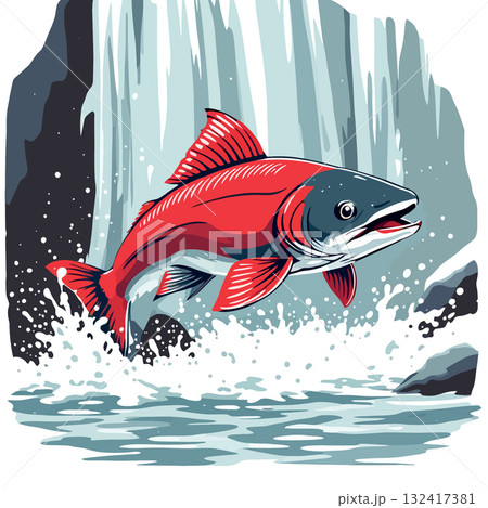 Vsai salmon jumping upstream waterfall river fish spawning migration wildlife 132417381