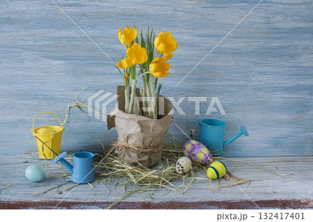 Spring Easter decor with crocuses and eggs. Crocuses and Easter eggs on a rustic wooden background. Spring Easter decor with crocuses and eggs. Crocuses and Easter eggs on a rustic wooden background. 132417401