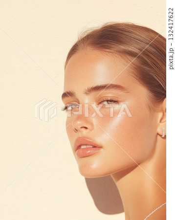 Portrait of beautiful young woman with delicate jewelry necklace and earrings, natural freckles and glowing healthy skin on neutral beige background. Natural beauty skincare wellness concept  132417622