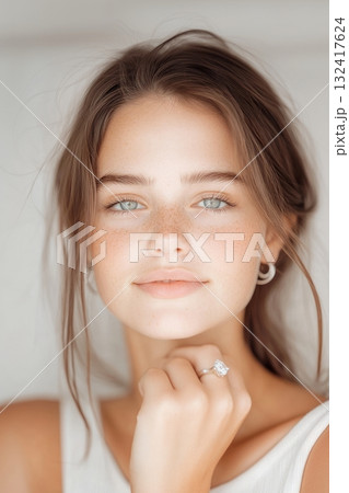 Portrait of beautiful young woman with delicate jewelry necklace and earrings, natural freckles and glowing healthy skin on neutral beige background. Natural beauty skincare wellness concept Portrait of beautiful young woman with delicate jewelry necklace and earrings, natural freckles and glowing healthy skin on neutral beige background. Natural beauty skincare wellness concept 132417624