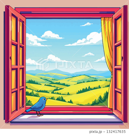 Vsai blue bird looking at green hills through open window Vsai blue bird looking at green hills through open window 132417635