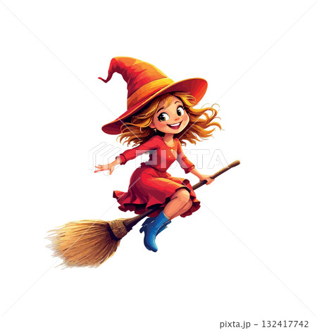 Vsai cute happy cartoon witch flying broomstick 132417742