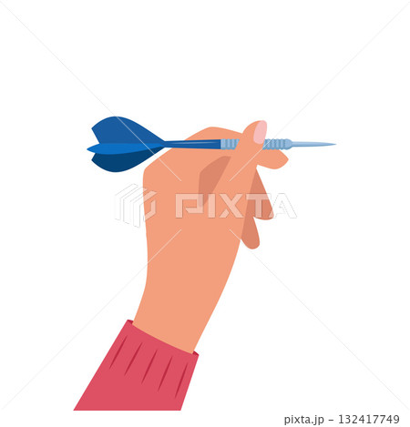 Human hand with tool for playing darts. Dart throw as symbol of success, goal achievement. Hand holding throwing dart with sharp tip. Vector illustration. Human hand with tool for playing darts. Dart throw as symbol of success, goal achievement. Hand holding throwing dart with sharp tip. Vector illustration. 132417749