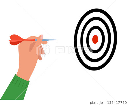 Human hand with tool for playing darts. Dart throw as symbol of success, goal achievement. Hand holding throwing dart with sharp tip. Vector illustration. 132417750