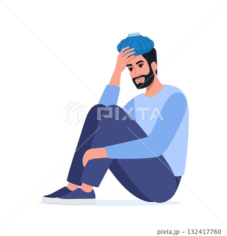 Man suffers from hangover and puts ice pack on head to get rid of headache. Guy with hangover sitting. Vector illustration. Man suffers from hangover and puts ice pack on head to get rid of headache. Guy with hangover sitting. Vector illustration. 132417760