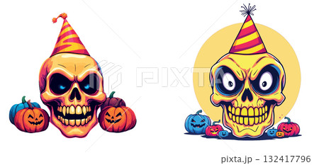 Vsai skull wearing party hat celebrating halloween with pumpkins Vsai skull wearing party hat celebrating halloween with pumpkins 132417796