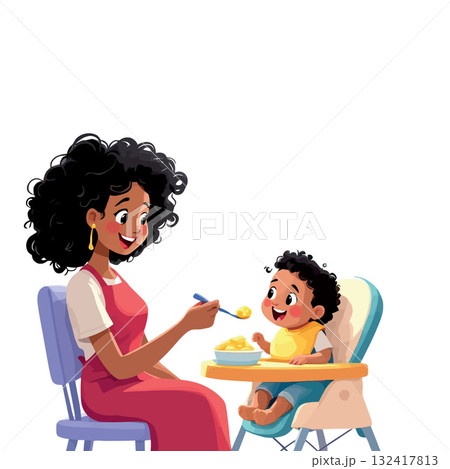Vsai mother feeding happy baby in high chair 132417813