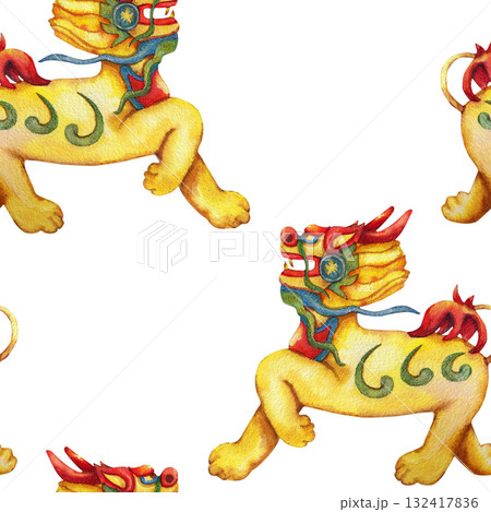 Golden traditional Chinese lion. Seamless pattern. Lantern festival Watercolor illustration. For tea party design, travel books and maps, greeting cards, clip art, stickers. Asian tourism 132417836