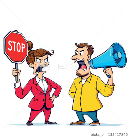 Vsai couple arguing, woman holding stop sign, man yelling 132417846