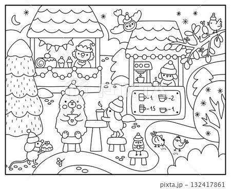 Vector black and white Christmas fair landscape. Holiday market line scene with animals, birds drinking coffee on winter night. New year village background, coloring page for kids 132417861