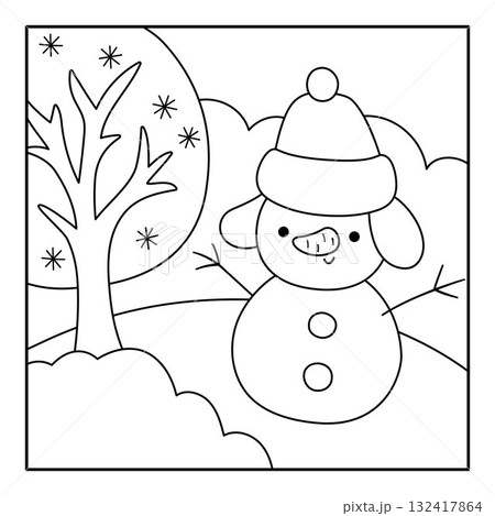 Vector black and white square Christmas village landscape. New Year line night scene with snowman, tree, snow field. Festive winter holiday background, coloring page for kids 132417864