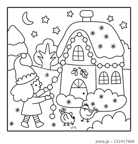 Vector square Christmas village landscape. New Year black and white night scene with elf girl decorating Santa Claus house, fir tree. Line winter holiday coloring page for kids with traditional 132417866