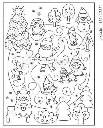 Vector black and white skating rink landscape with Santa Claus, elves, snowman. Christmas village line scene with winter character on ice skates. New Year holiday coloring page for kid Vector black and white skating rink landscape with Santa Claus, elves, snowman. Christmas village line scene with winter character on ice skates. New Year holiday coloring page for kid 132417874