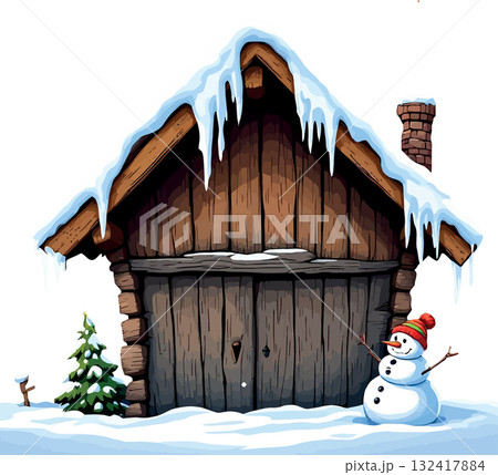 Vsai winter scene with snowman and rustic wooden cabin 132417884