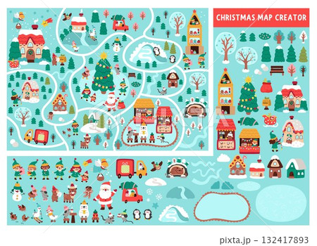 Christmas village map or scene creator. Set of cartoon elements for constructing winter holiday activity page. Vector New Year clipart with roads, fir tree, Santa Claus, houses, fair, animals, elves 132417893