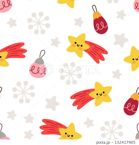 Vector Christmas seamless pattern. New Year repeat background with falling stars, snowflakes, colored balls. Cute festive digital paper for kids. Winter holiday texture with traditional symbols Vector Christmas seamless pattern. New Year repeat background with falling stars, snowflakes, colored balls. Cute festive digital paper for kids. Winter holiday texture with traditional symbols 132417905