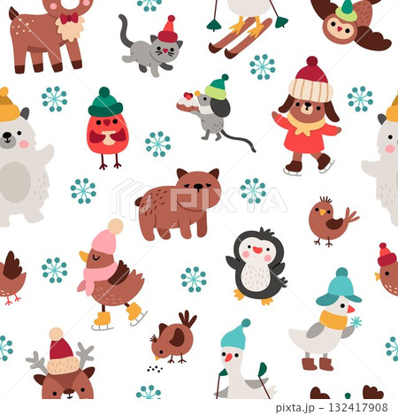 Vector Christmas seamless pattern. New Year repeat background with holiday animals. Cute festive digital paper for kids with penguin, deer, bear, bird. Winter texture with traditional characters Vector Christmas seamless pattern. New Year repeat background with holiday animals. Cute festive digital paper for kids with penguin, deer, bear, bird. Winter texture with traditional characters 132417908