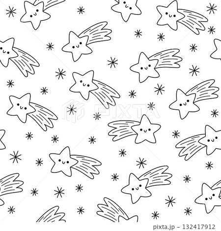 Vector black and white Christmas seamless pattern. New Year line repeat background with falling stars, snowflakes. Coloring page, digital paper for kids with holiday night concept. Winter texture 132417912