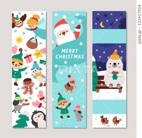 Cute Christmas bookmarks set with Santa Claus, polar bear, penguin, elf, animals skating on rink. Vector cartoon winter holiday vertical cards collection. New Year book mark print templates pack Cute Christmas bookmarks set with Santa Claus, polar bear, penguin, elf, animals skating on rink. Vector cartoon winter holiday vertical cards collection. New Year book mark print templates pack 132417914