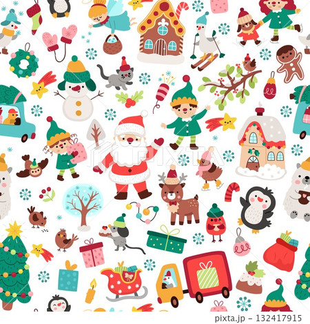 Vector Christmas seamless pattern. New Year repeat background with Santa Claus, elves, deer, fir tree, presents, houses, animals, snowman. Cute festive digital paper for kids. Winter holiday texture 132417915