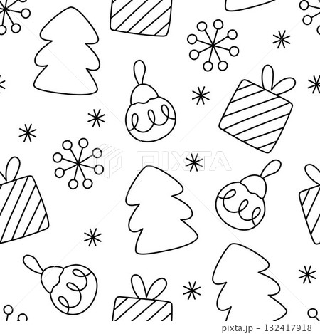 Vector black and white Christmas seamless pattern. New Year line repeat background with fir tree, presents, snowflakes, balls. Coloring page, digital paper for kids. Winter holiday texture 132417918