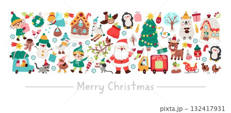 Vector Christmas horizontal frame with traditional symbols, deer, decorated tree, elf. New Year card template design for banners, invitations. Cute winter holiday illustration with Santa Claus Vector Christmas horizontal frame with traditional symbols, deer, decorated tree, elf. New Year card template design for banners, invitations. Cute winter holiday illustration with Santa Claus 132417931