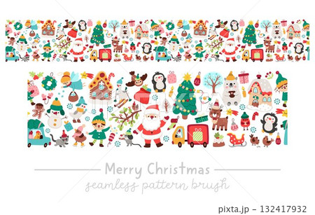 Vector Christmas seamless pattern brush. New Year repeat border background with Santa Claus, elves, deer, fir tree, presents, houses, animals, snowman. Winter holiday festive digital paper for kid 132417932