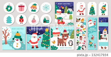 Cute Christmas cards set with Santa Claus, elves, deer, fir tree, presents, animals, snowman. Vector New Year square, round, vertical print templates. Winter holiday design for tags, postcards, ads Cute Christmas cards set with Santa Claus, elves, deer, fir tree, presents, animals, snowman. Vector New Year square, round, vertical print templates. Winter holiday design for tags, postcards, ads 132417934