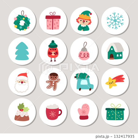 Christmas round cards set with Santa Claus, elf, tree, presents, snowflake, ball, house, mitten. Vector New Year highlight icons. Design for tags, ads, social media with winter holiday symbols Christmas round cards set with Santa Claus, elf, tree, presents, snowflake, ball, house, mitten. Vector New Year highlight icons. Design for tags, ads, social media with winter holiday symbols 132417935