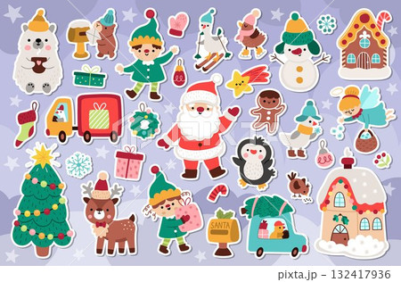 Vector Christmas stickers set. Cute New Year patches collection with Santa Claus, elves, deer, fir tree, presents, houses, animals, snowman. Funny winter holiday icons or clipart with white contour 132417936