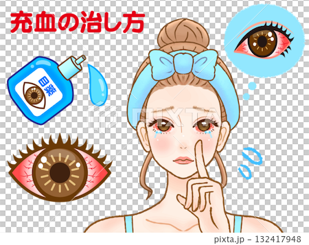 Illustration material of an adult woman applying eye drops for dry eyes Illustration material of an adult woman applying eye drops for dry eyes 132417948