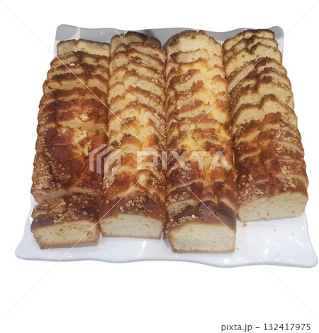 Sliced pound cake loafs serving on platter Sliced pound cake loafs serving on platter 132417975