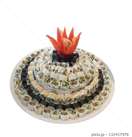 Sushi cake platter featuring tiered rolls japanese cuisine Sushi cake platter featuring tiered rolls japanese cuisine 132417976