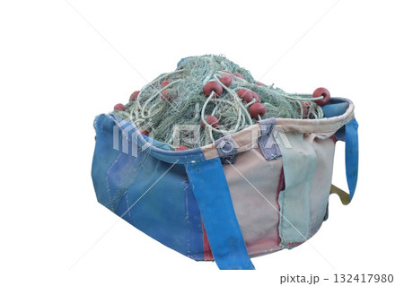Fishing net with floats in vintage bag Fishing net with floats in vintage bag 132417980