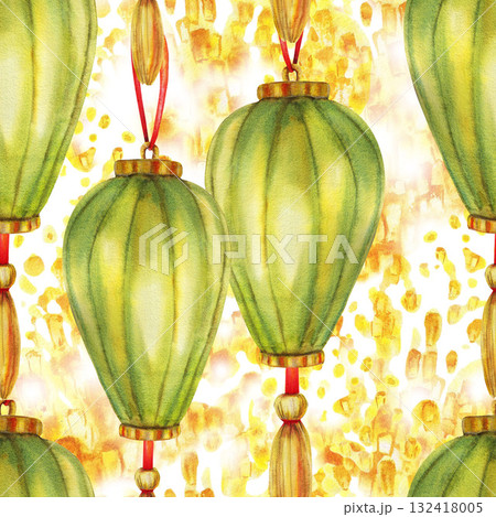 Volant Chinese paper lanterns, silk brushes Seamless pattern. Lantern festival Watercolor illustration. For tea party design, travel books and maps, greeting cards, clip art, stickers. Asian tourism. 132418005