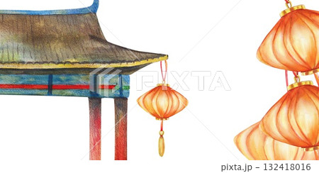 Chinese gate and traditional red lanterns. Lantern festival, mid autumn holiday Watercolor illustration For tea party design, travel books and maps, greeting cards, clip art, stickers. Asian tourism. Chinese gate and traditional red lanterns. Lantern festival, mid autumn holiday Watercolor illustration For tea party design, travel books and maps, greeting cards, clip art, stickers. Asian tourism. 132418016