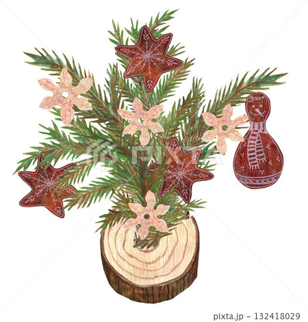 Gingerbread cookies, Christmas tree green branch. Watercolor illustration. Elements for architectural sketches, magazines, Christmas greeting cards. Forest objects and plants in color illustration. 132418029