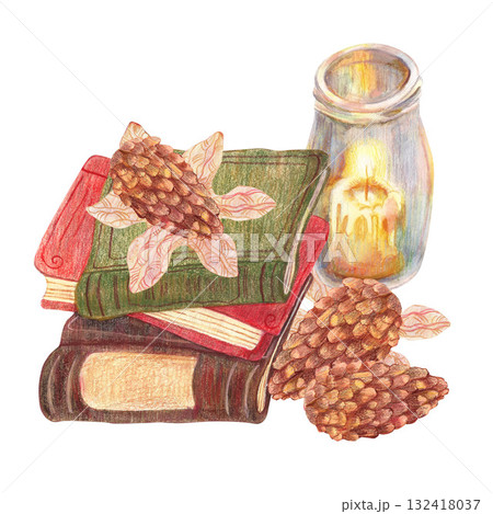 Knitted snowflakes, candle in glass jar, books and fir cones. Watercolor illustration. For various magazines, retro vintage Christmas accessories, banners and card, stickers and clip art. 132418037