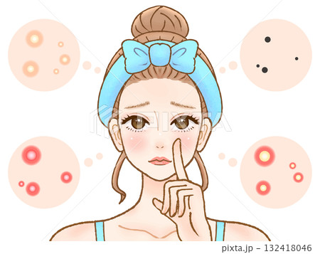 大人ニキビと肌荒れに困る大人女性のイラスト素材4 大人ニキビと肌荒れに困る大人女性のイラスト素材4 132418046
