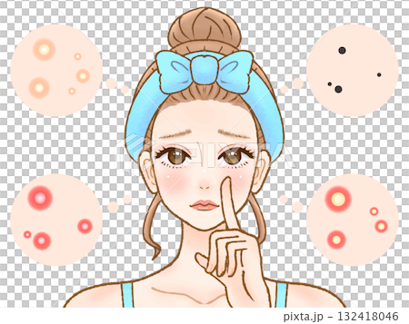 大人ニキビと肌荒れに困る大人女性のイラスト素材4 大人ニキビと肌荒れに困る大人女性のイラスト素材4 132418046