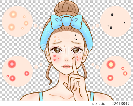 大人ニキビと肌荒れに困る大人女性のイラスト素材2 大人ニキビと肌荒れに困る大人女性のイラスト素材2 132418047