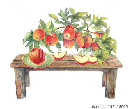 Red ripe apple and slices on ceramic plate, fruit branch with green leaves, wooden rustic table. Watercolor food. Illustrations for cooking book, restaurant menu, recipes, banners, greeting cards. 132418066