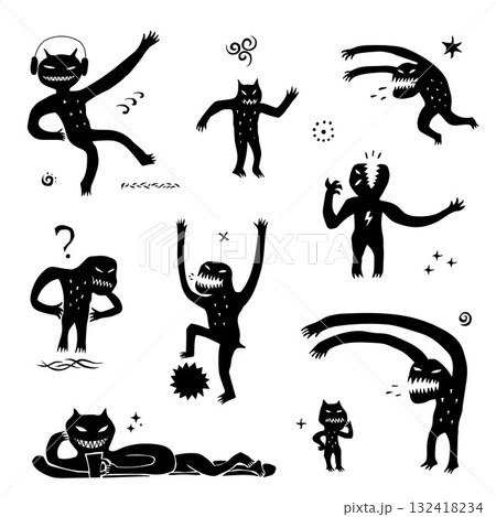 monsters silhouettes isolated cartoon collection , vector design element set monsters silhouettes isolated cartoon collection , vector design element set 132418234