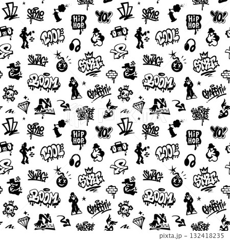 Graffiti Hip Hop Music Style Lettering Characters Sign Symbols Seamless Vector Pattern , Background Design Element 132418235