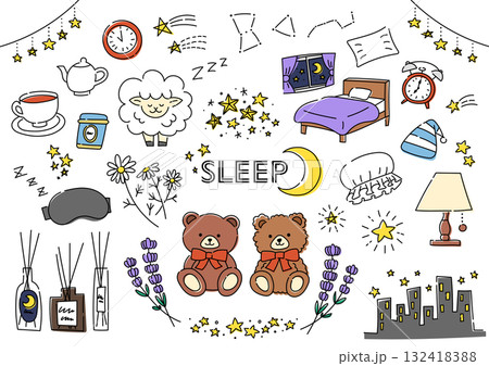 睡眠関係を集めた手描きのイラストセット 睡眠関係を集めた手描きのイラストセット 132418388