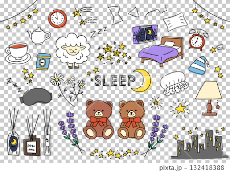睡眠関係を集めた手描きのイラストセット 睡眠関係を集めた手描きのイラストセット 132418388