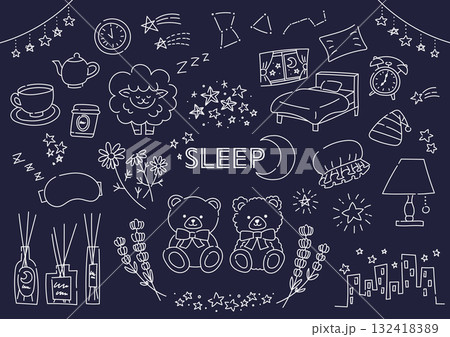 睡眠関係を集めた手描きのイラストセット 睡眠関係を集めた手描きのイラストセット 132418389