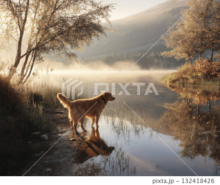 Golden retriever dog lake mist sunrise reflection golden fur water shore tree grass calm peaceful morning scenic nature landscape pet outdoor tranquil forest hill reflection lake standing dog wet Golden retriever dog lake mist sunrise reflection golden fur water shore tree grass calm peaceful morning scenic nature landscape pet outdoor tranquil forest hill reflection lake standing dog wet 132418426