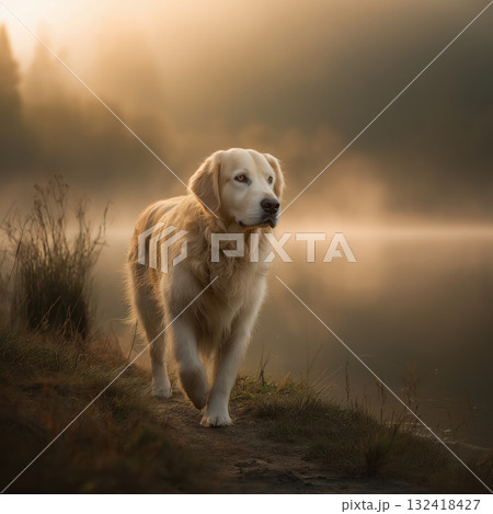 Golden retriever dog lake mist sunrise foggy golden fur walking shoreline nature outdoor morning canine pet serene peaceful grass reflection water forest tranquil portrait companionship animal Golden retriever dog lake mist sunrise foggy golden fur walking shoreline nature outdoor morning canine pet serene peaceful grass reflection water forest tranquil portrait companionship animal 132418427